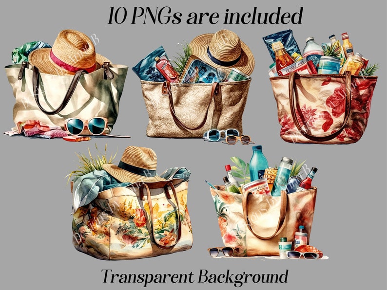 May include: Ten watercolor illustrations of beach totes with various contents, including hats, sunglasses, and beach essentials. The totes are all different colors and patterns, and they are all set against a transparent background.