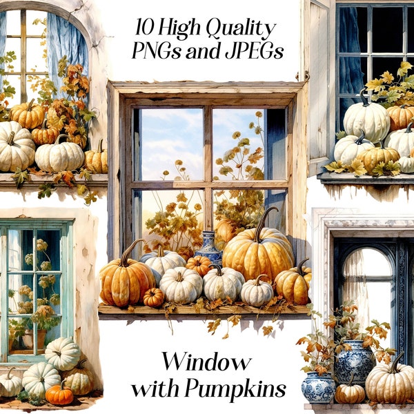 Watercolor window with pumpkins clipart, 10 high quality JPEG and PNG files, autumn clip art, fall aesthetics, autumn decor, card making
