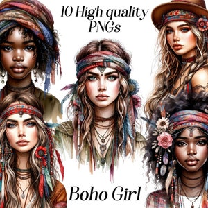 Aquarel Boho Girl clipart, 10 hoge kwaliteit PNG-bestanden, boho meisje, mode meisje, planner meisje, boho illustraties, boho vrouw afbeeldingen