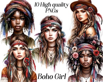 Chica bohemia en acuarela: 10 ilustraciones de moda PNG (descarga digital)