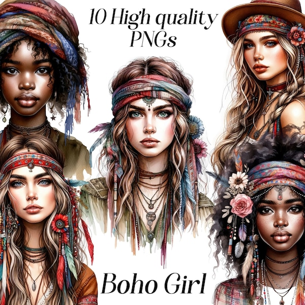 Watercolor Boho Girl clipart, 10 high quality PNG files, bohemian girl, fashion girl, planner girl, boho clip art, bohemian woman images