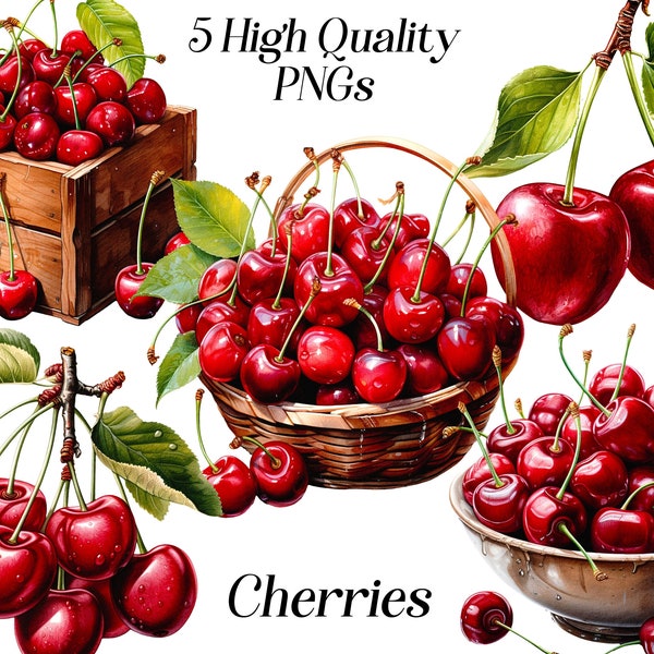 Watercolor cherries clipart, 5 high quality PNG files, summer food clip art, red cherry, fruit and berries, printables