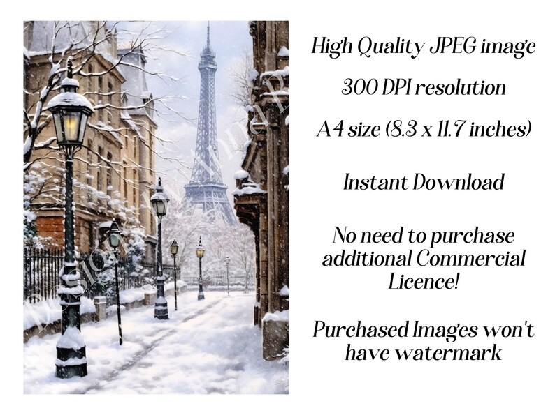 Watercolour Paris in Winter digital paper, 8 high quality JPEG files, scrapbooking, card making, printable graphics, A4 image 2