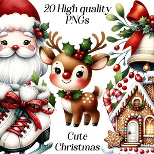 Niedliches Weihnachtsclipart-Set - Urlaub Clipart, Kawaii Weihnachten PNG, Festliche Weihnachtsgekritzel, Digitale Feiertage Art Pack