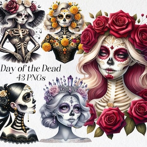 Clipart de fille le jour des morts - Dia de los Muertos PNG, art de fille de crâne de sucre, ensemble d'illustrations festives de vacances mexicaines