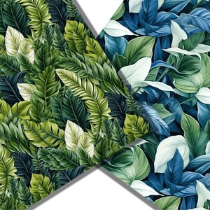May include: Two seamless patterns featuring tropical leaves in shades of green, blue, and white. The patterns are arranged in a diagonal split, with the left side showing a more traditional green leaf pattern and the right side showing a more modern blue and white leaf pattern.