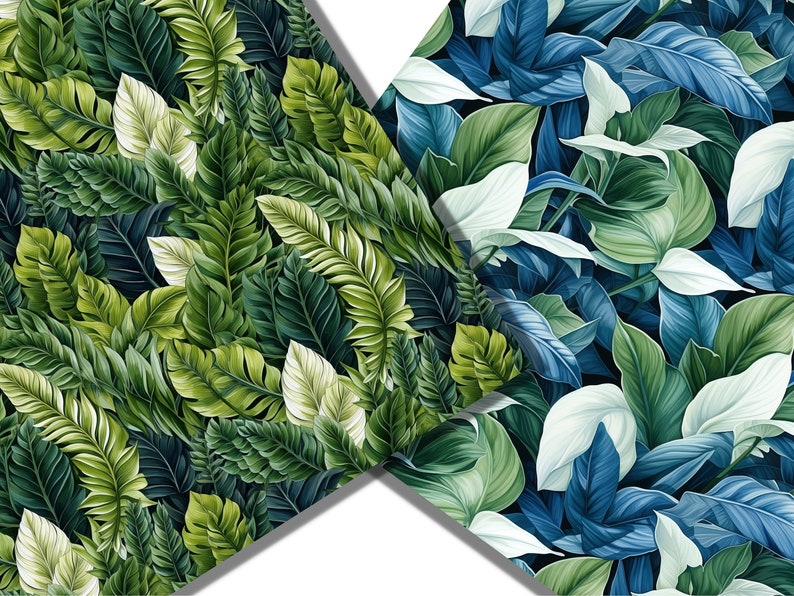 May include: Two seamless patterns featuring tropical leaves in shades of green, blue, and white. The patterns are arranged in a diagonal split, with the left side showing a more traditional green leaf pattern and the right side showing a more modern blue and white leaf pattern.