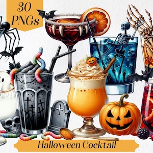 Clipart cocktail di Halloween, stagione spettrale, bevande di Halloween, bevande gotiche, grafica di Halloween, cocktail acquerello, download digitale