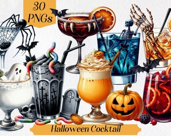 Akvarell Halloween Cocktail Clipart: Spöklika gotiska drinkar (digital nedladdning)