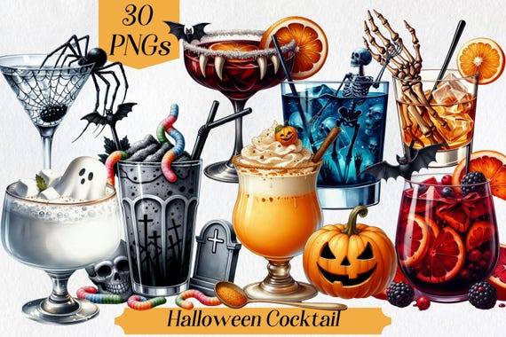 Watercolor Halloween Cocktail Clipart: Spooky Gothic Drinks (Digital Download)