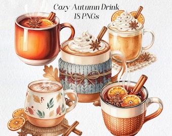 Autumn Drink Clipart Bundle: Cozy Fall Mugs, Pumpkin Spice PNGs (Digital Download)
