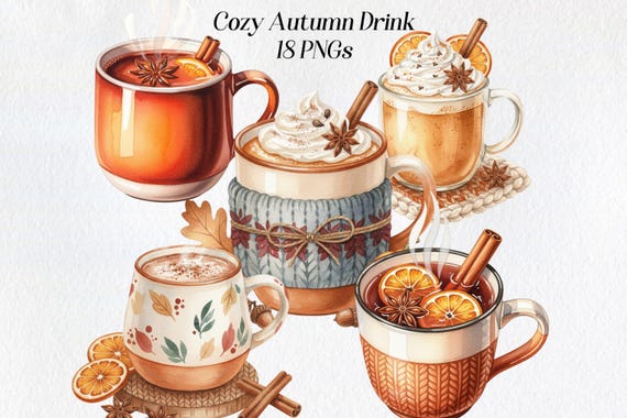 Autumn Drink Clipart Bundle: Cozy Fall Mugs, Pumpkin Spice PNGs (Digital Download)