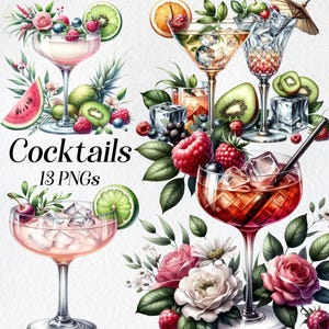 Clipart di cocktail, clipart di cocktail tropicali ad acquerello, png, bevanda estiva, alcol, cocktail floreale, fiori, immagini stampabili, digitale