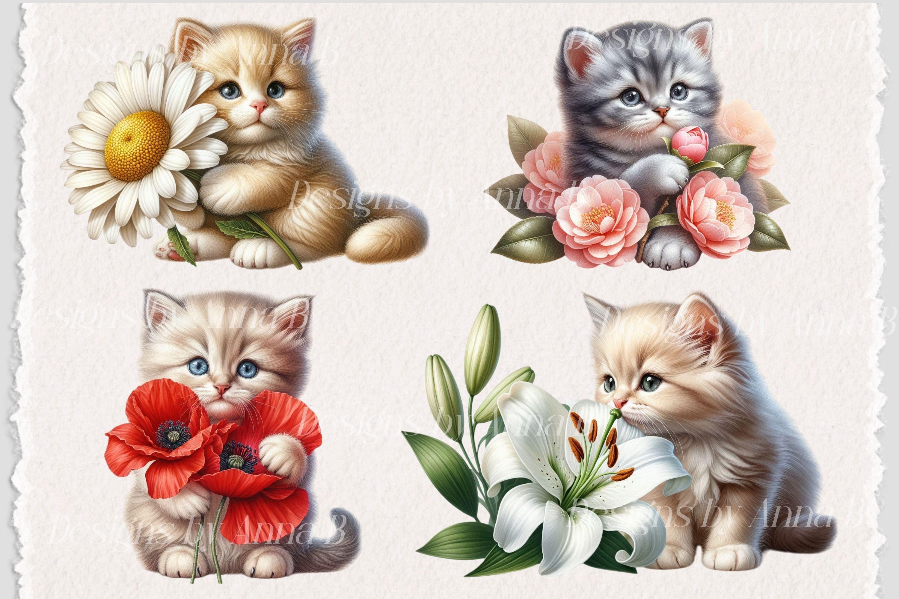 Watercolor Kitten Clipart: Floral Cat PNG Images (digital Download) - Etsy
