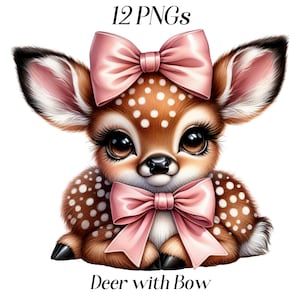 Clipart cerf avec noeud, adorable illustration d'animaux des bois, chambre d'enfant, illustration, bébé cerf aquarelle, kawaii, animal de la forêt, numérique