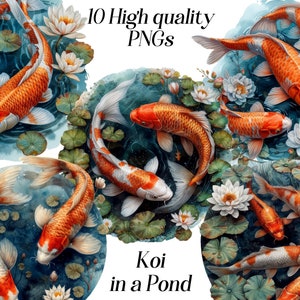 Aquarell Koi in einem Teich Clipart, 10 hochwertige PNG Dateien, Fisch Clipart, Koi Illustration, Koi Fisch, japanischer Fisch, asiatischer Fisch, Printables
