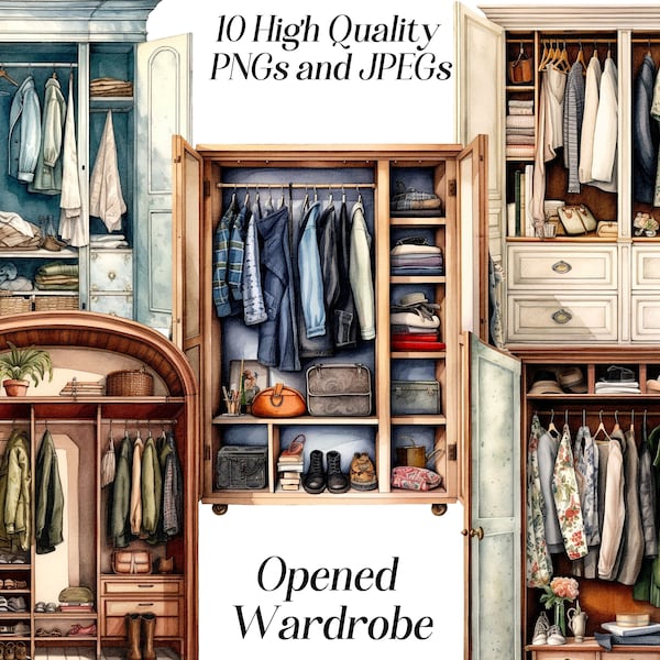 Watercolor wardrobe clipart, 10 high quality JPEG and PNG files, fashion clipart, clothes clip art, furniture illustration, printables