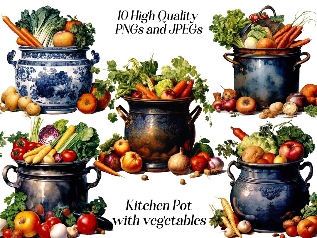 Watercolor Kitchen Pot Clipart, 10 High Quality JPEG and PNG Files