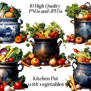 Clipart de panela de cozinha em aquarela, 10 arquivos JPEG e PNG de alta qualidade, panela com vegetais, clipart de comida, cozinha vintage, imprimíveis
