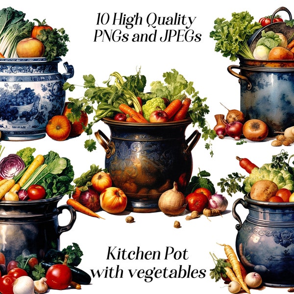 Watercolor kitchen pot clipart, 10 high quality JPEG and PNG files, cooking pot with vegetables, food clip art, vintage kitchen, printables