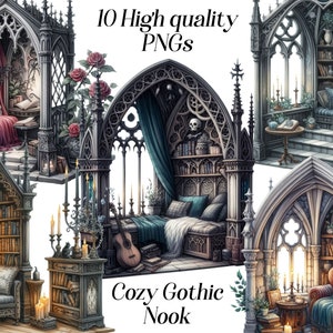 Clipart Acquerello Cozy Gothic Nook, 10 file PNG di alta qualità, angolo lettura, gotico, medievale, nero, dark fantasy, immagini del mondo accademico oscuro