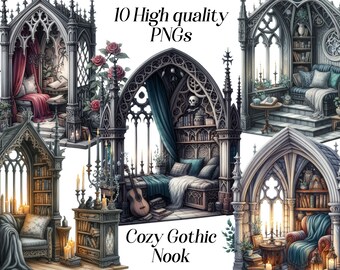 Watercolor Gothic Nook Clipart: Dark Academia PNG Images (Digital Download)
