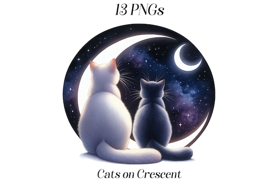 Watercolor Cats Clipart: Celestial Moon PNG Graphics (Digital Download)