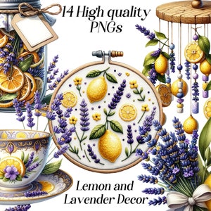 Watercolor Lemon and Lavender Decor clipart, 14 high quality PNG files, flowers clipart, summer clipart, floral decoration, printable