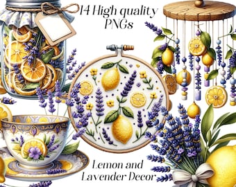 Watercolor Lemon Lavender Clipart: Floral PNG Files (Digital Download)