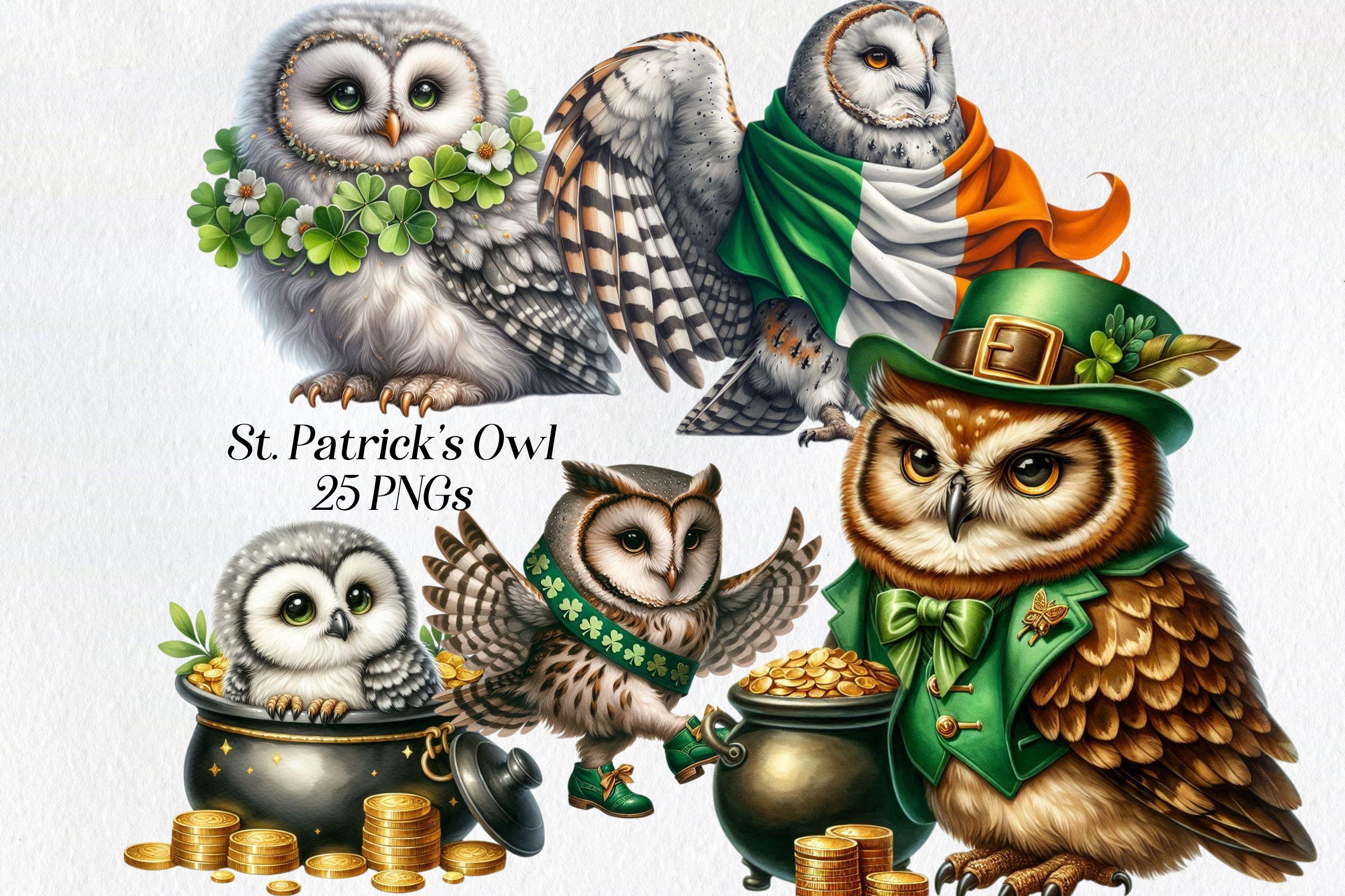 St. Patrick's Day Owl Clipart: Watercolor Shamrock PNG Graphics (Commercial Use)