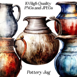 May include: Five different pottery jugs in various colours and styles. The jugs are all hand-painted and have a rustic, vintage look. The jugs are all different sizes and shapes, but they all have a similar style. The jugs are all made of ceramic and have a glazed finish.