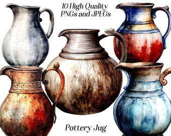 May include: Five different pottery jugs in various colors and styles. The jugs are all hand-painted and have a rustic, vintage look. The jugs are all different sizes and shapes, but they all have a similar style. The jugs are all made of ceramic and have a glazed finish.