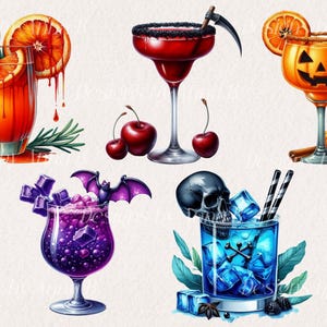 May include: Five Halloween-themed cocktails: a red margarita with a black rim, a blue cocktail with a skull ice cube, a purple cocktail with a bat garnish, a pumpkin-shaped cocktail with a cinnamon stick, and an orange cocktail with a rosemary sprig.