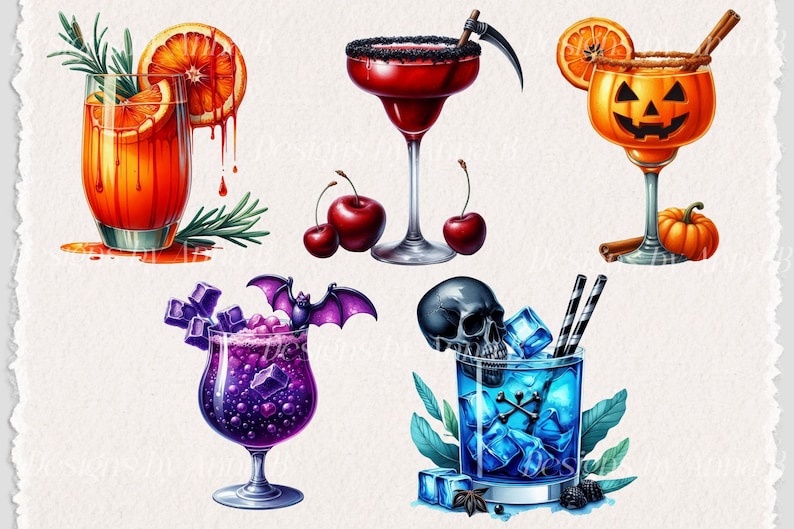 May include: Five Halloween-themed cocktails: a red margarita with a black rim, a blue cocktail with a skull ice cube, a purple cocktail with a bat garnish, a pumpkin-shaped cocktail with a cinnamon stick, and an orange cocktail with a rosemary sprig.