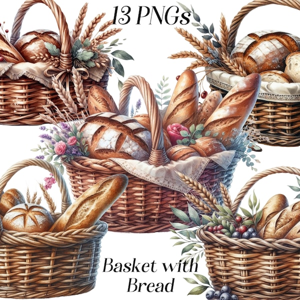 Watercolor Basket with bread clipart, 13 PNG files, rustic bread, food, wheat, bakery clip art, cottagecore, country style, printable images