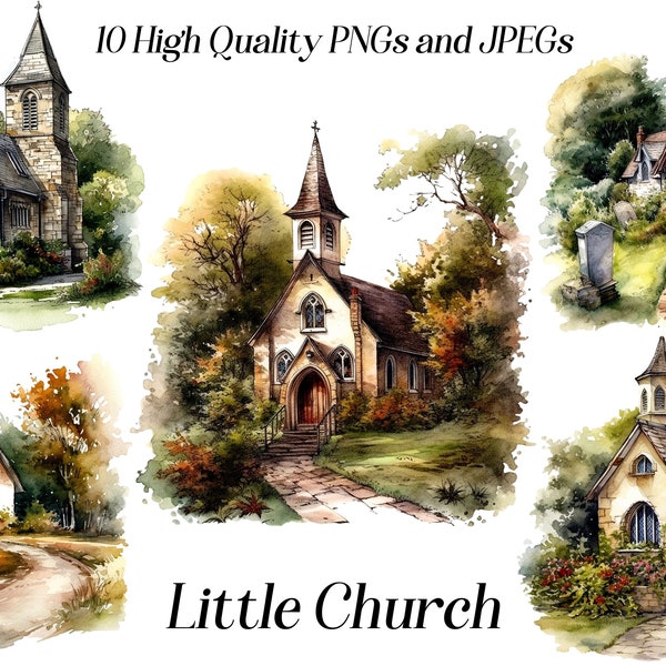 Watercolor Church clipart, 10 high quality JPEG and PNG files, countryside landscape clipart, printable graphics