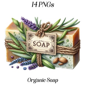 Clipart di sapone organico dell'acquerello, 14 file PNG, sapone rustico, immagini di sapone fatto a mano, spezie ed essenze, prodotti di bellezza, grafica stampabile