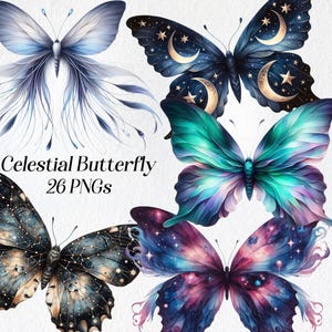 Himmlische Schmetterling Clipart - Kosmischer Schmetterling PNG, Sternenartige Schmetterlingskunst, mystisches Tier, Mond und Sterne Digitaler Download