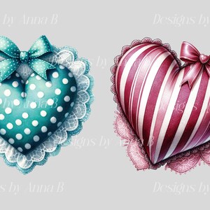 May include: Two heart-shaped pillows with lace trim. One pillow is teal blue with white polka dots and a white bow. The other pillow is pink and white striped with a pink bow.
