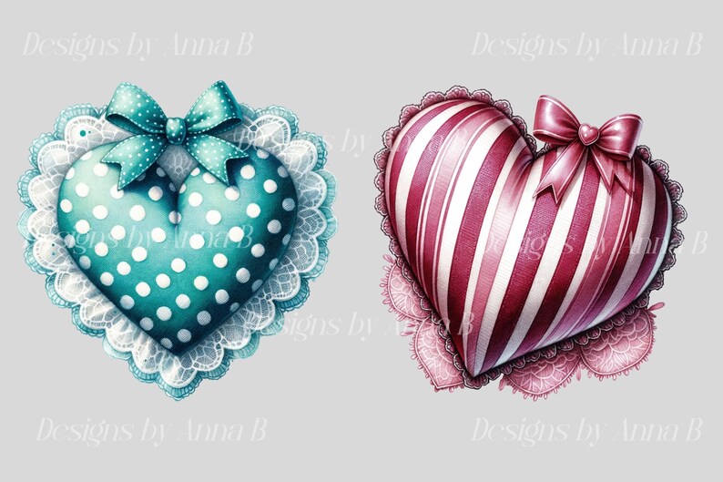 May include: Two heart-shaped pillows with lace trim. One pillow is teal blue with white polka dots and a white bow. The other pillow is pink and white striped with a pink bow.