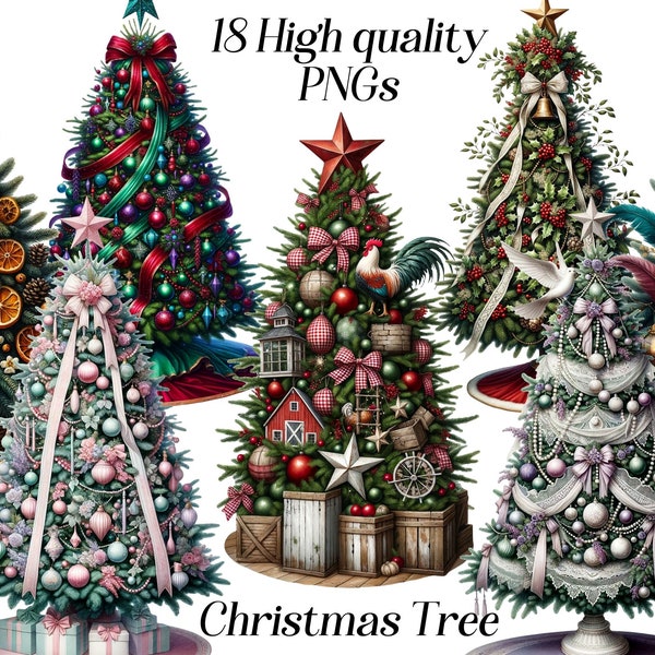 Watercolor Christmas Tree clipart, 18 high quality PNG files, christmas graphics, unique xmas graphics, winter festive holidays, printables