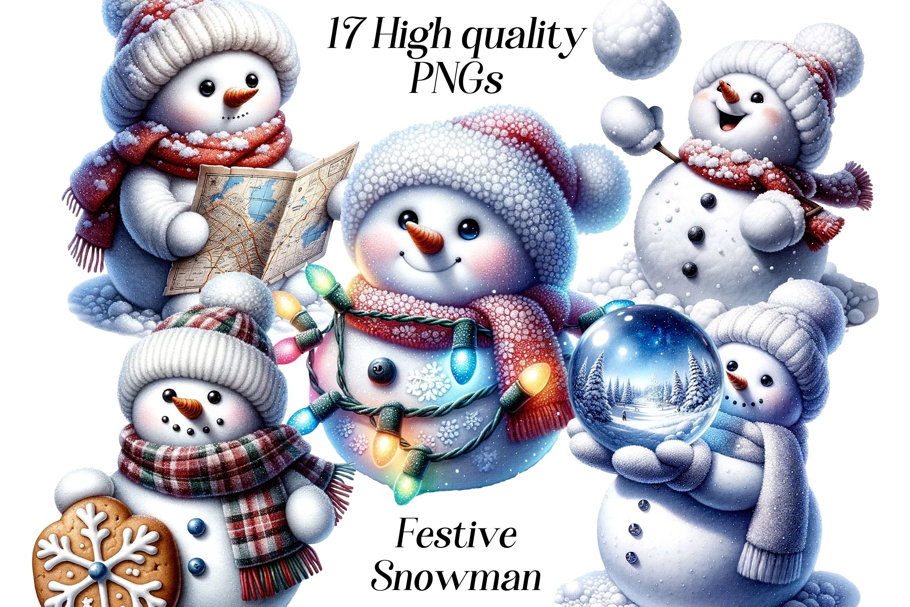 Watercolor Festive Snowman clipart, 17 high quality PNG files, cute snowman, christmas illustration, printable graphics