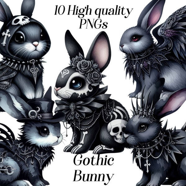 Aquarell Gothic Bunny Clipart, 10 hochwertige PNG-Dateien, Goth ClipArt, schwarze Kaninchenbilder, viktorianisch, dunkle Fantasie, druckbare Bilder