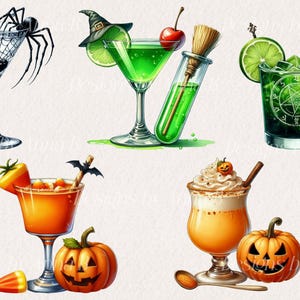 May include: Five Halloween-themed cocktails: a green cocktail with a lime wedge and a witch's hat, a green cocktail with a skull and a pentagram, a green cocktail with a cherry and a test tube, an orange cocktail with a candy corn and a pumpkin, and a creamy orange cocktail with a pumpkin and a cinnamon stick.