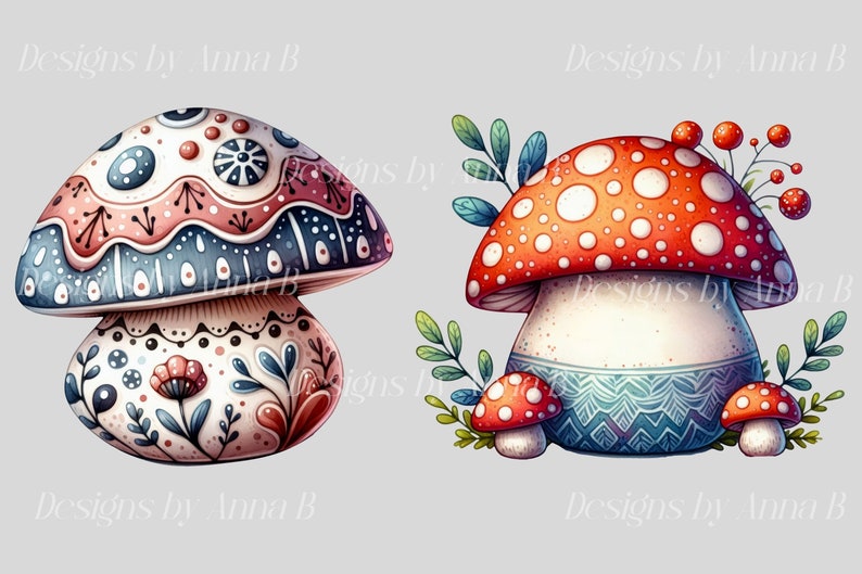 Watercolor Mushroom Clipart: Kawaii Patterned Design (12 PNG Files ...