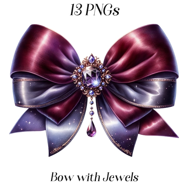 Watercolor Bow with Jewels clipart, 13 PNG files, decorative bow, bow illustration, fabric bow, gems, jewels, printable images, fashion
