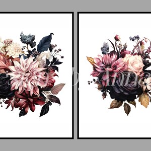 May include: Two printable art prints featuring bouquets of dark red, pink, and white flowers with dark green and brown leaves. The flowers are arranged in a loose, natural style.