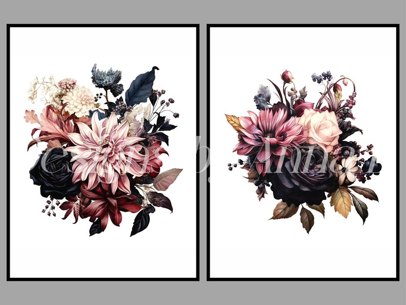 May include: Two printable art prints featuring bouquets of dark red, pink, and white flowers with dark green and brown leaves. The flowers are arranged in a loose, natural style.
