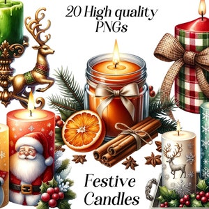 Clipart di candele festive ad acquerello, 20 file PNG di alta qualità, clipart natalizie, grafica natalizia, illustrazione di candele, design a sublimazione