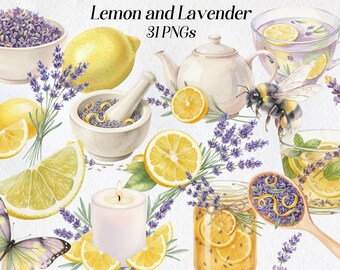 Lemon Lavender Watercolor Clipart: Citrus, Herbs, Bee (Digital Download)